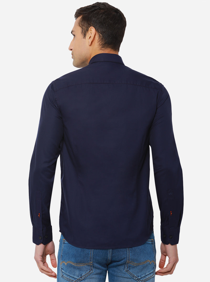 Navy Blue Solid Slim Fit Semi Casual Shirt | Pehervi