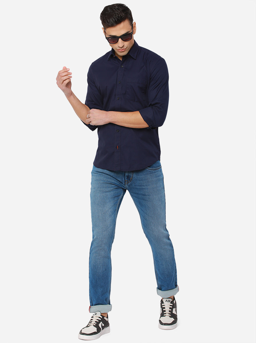 Navy Blue Solid Slim Fit Semi Casual Shirt | Pehervi