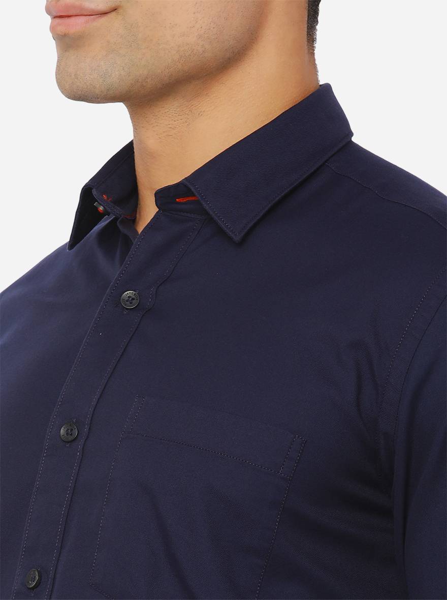 Navy Blue Solid Slim Fit Semi Casual Shirt | Pehervi