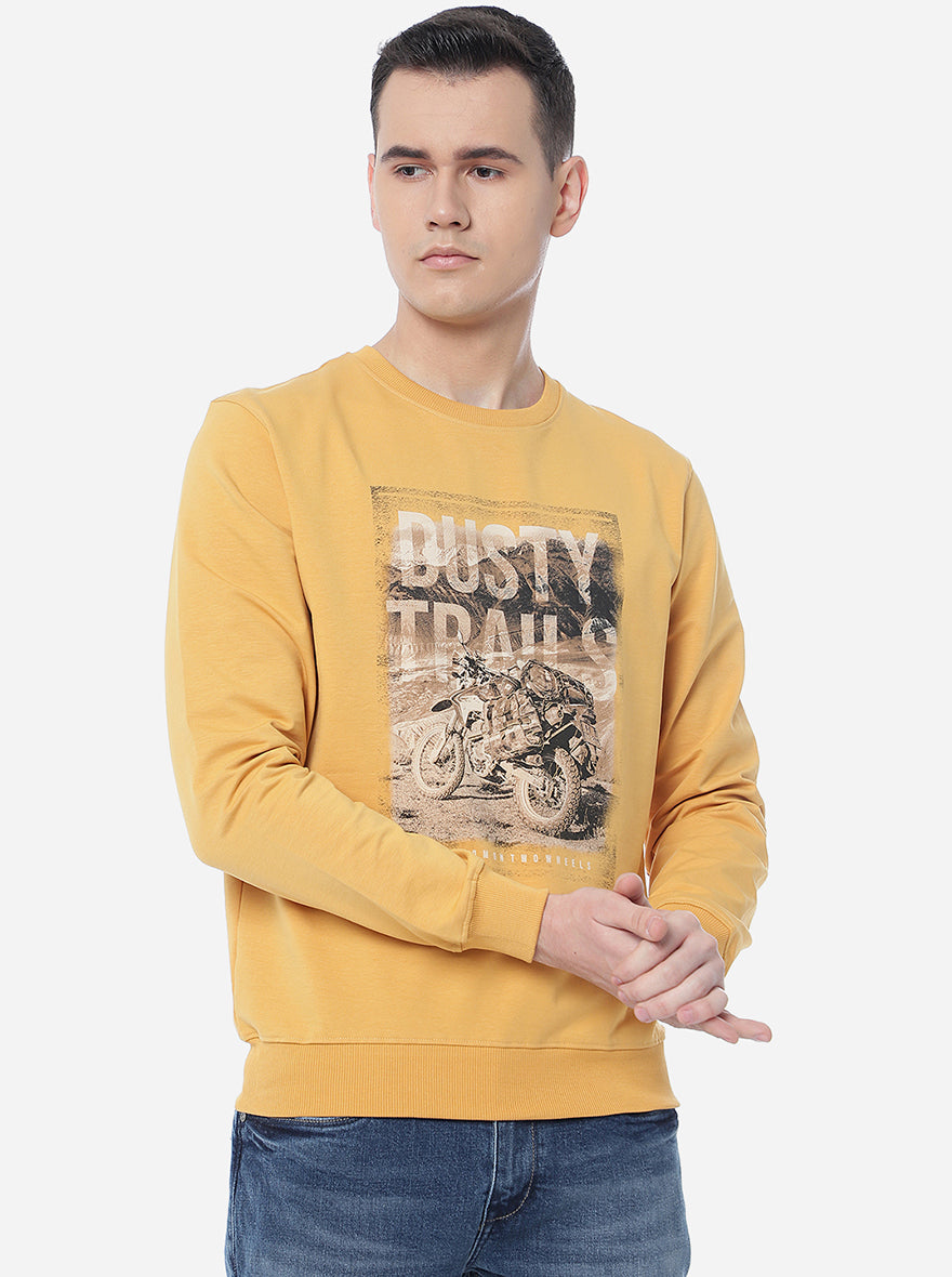 Ochre Yellow Printed Regular Fit T-Shirt | pehervi