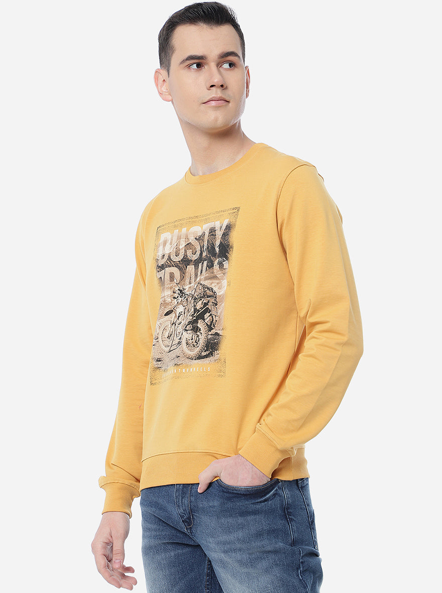 Ochre Yellow Printed Regular Fit T-Shirt | pehervi