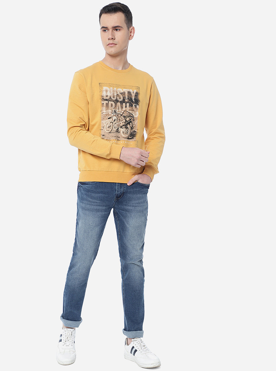 Ochre Yellow Printed Regular Fit T-Shirt | pehervi