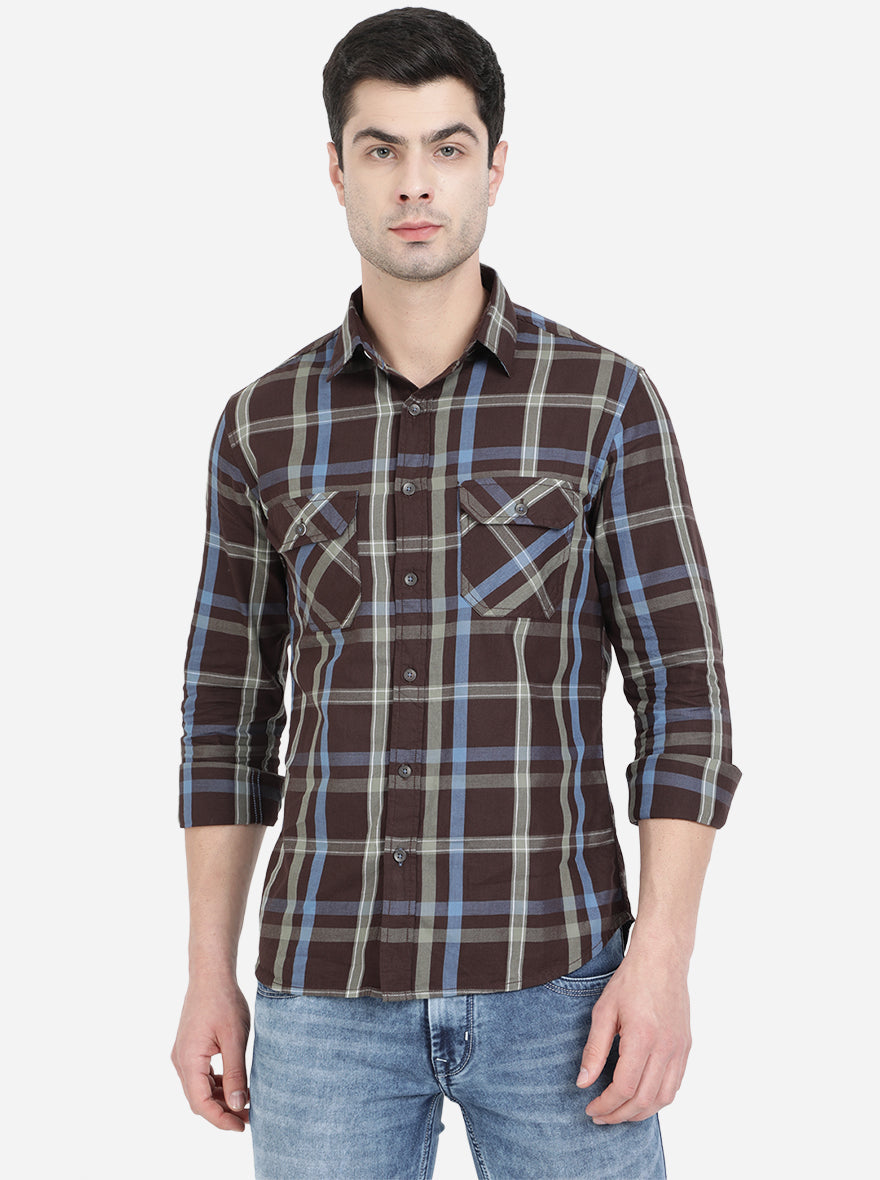 Brown Checked Slim Fit Semi Casual Shirt | Pehervi