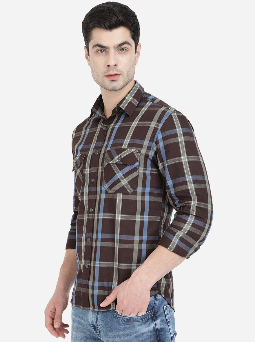 Brown Checked Slim Fit Semi Casual Shirt | Pehervi