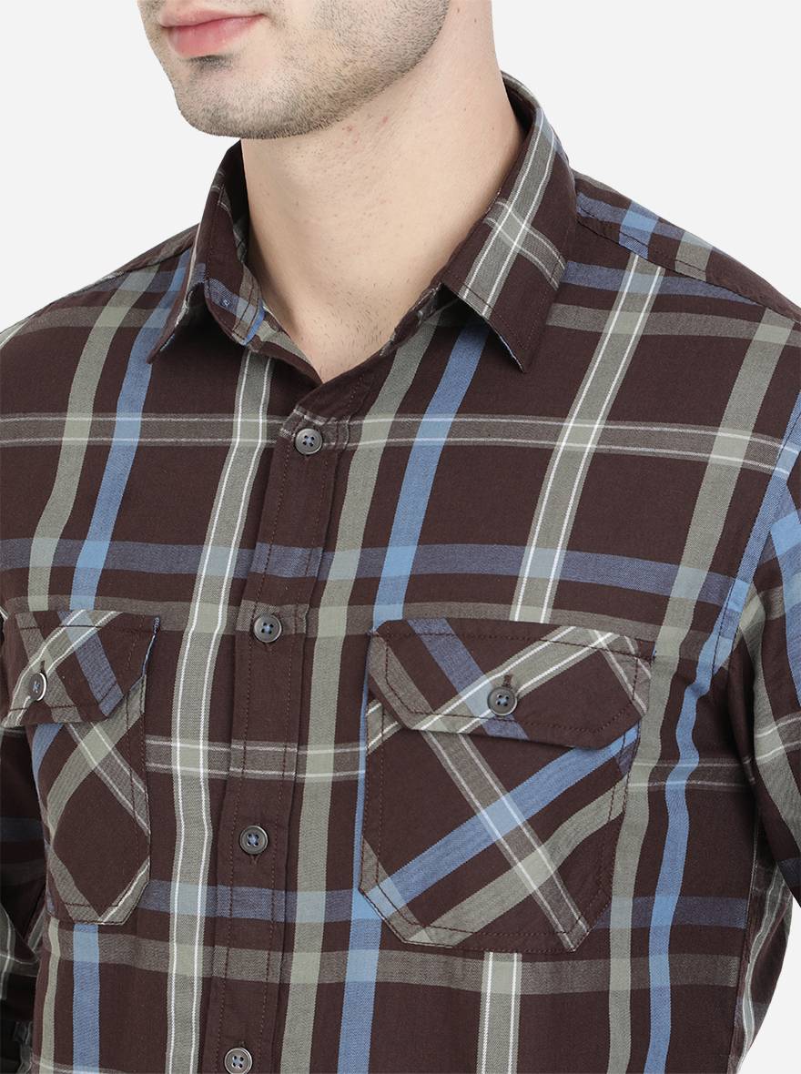 Brown Checked Slim Fit Semi Casual Shirt | Pehervi