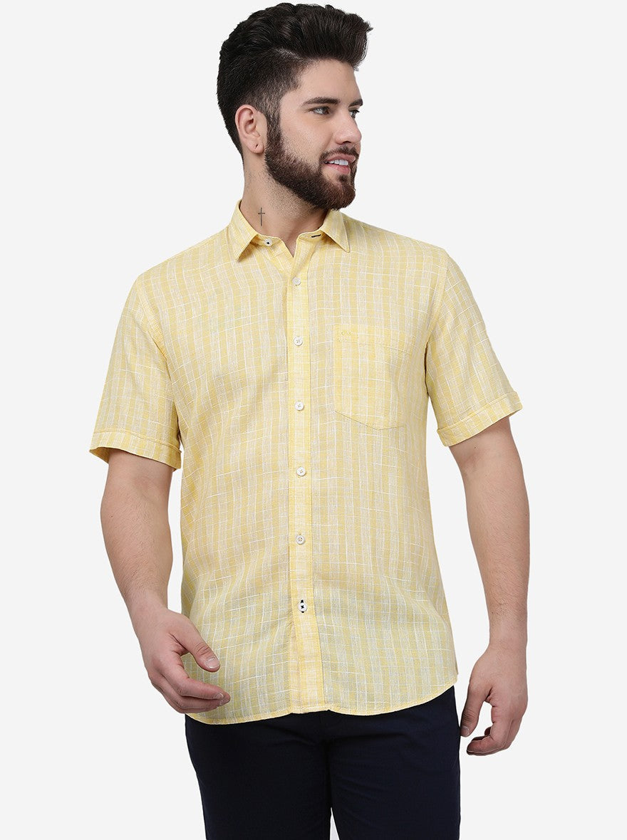 Yellow Checked Slim Fit Semi Casual Shirt | Pehervi