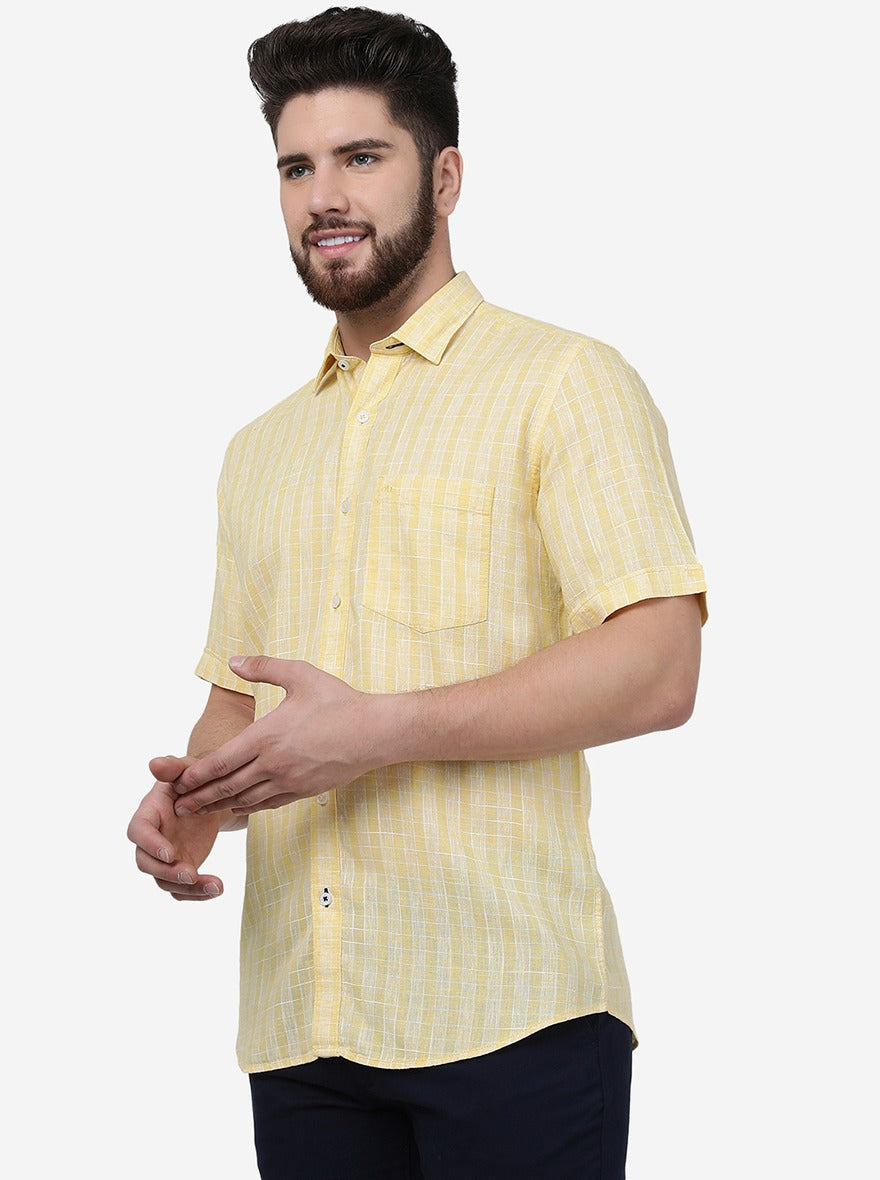 Yellow Checked Slim Fit Semi Casual Shirt | Pehervi