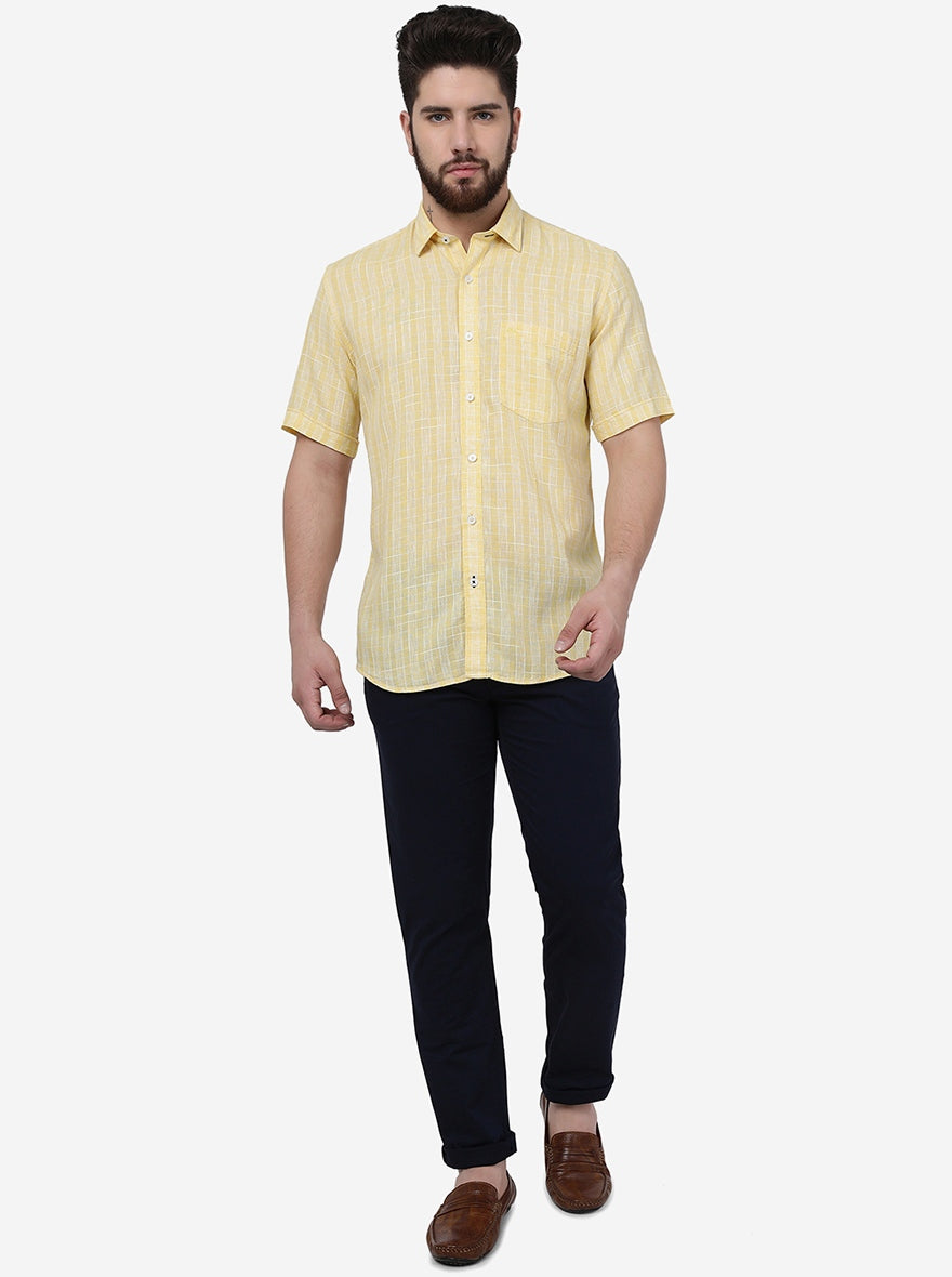 Yellow Checked Slim Fit Semi Casual Shirt | Pehervi