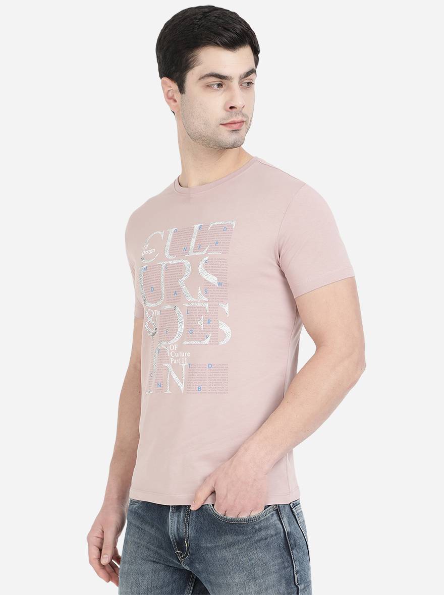 Dusty Pink Printed Slim Fit T-Shirt | pehervi