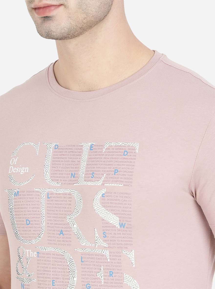 Dusty Pink Printed Slim Fit T-Shirt | pehervi