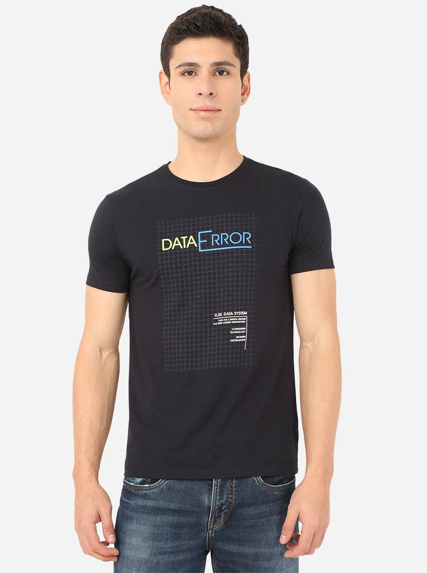 Navy Blue Printed Slim Fit T-Shirt | pehervi
