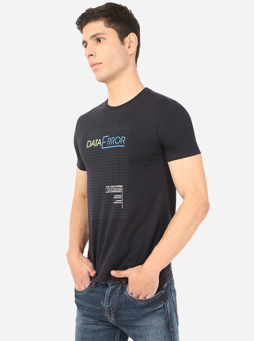 Navy Blue Printed Slim Fit T-Shirt | pehervi