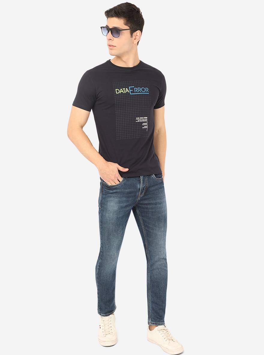 Navy Blue Printed Slim Fit T-Shirt | pehervi