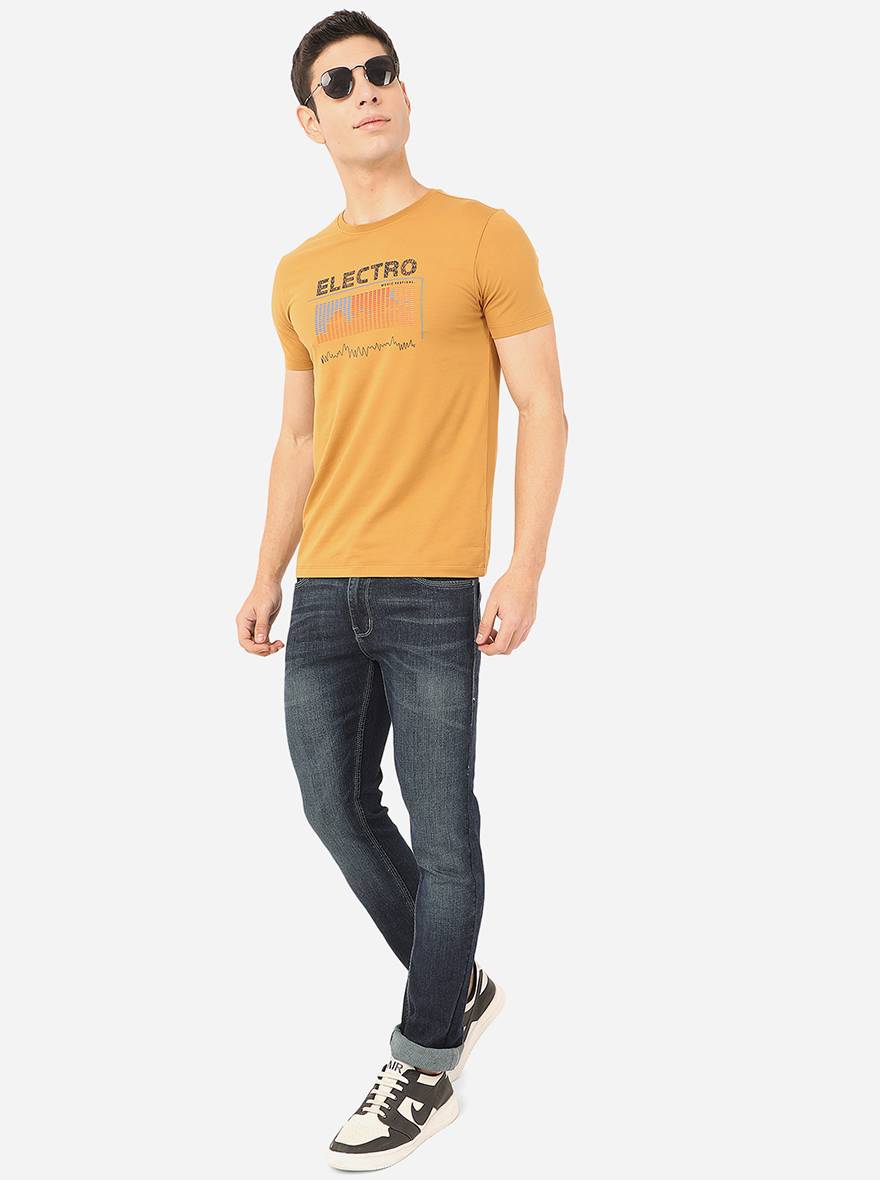 Honey Mustard Printed Slim Fit T-Shirt | pehervi