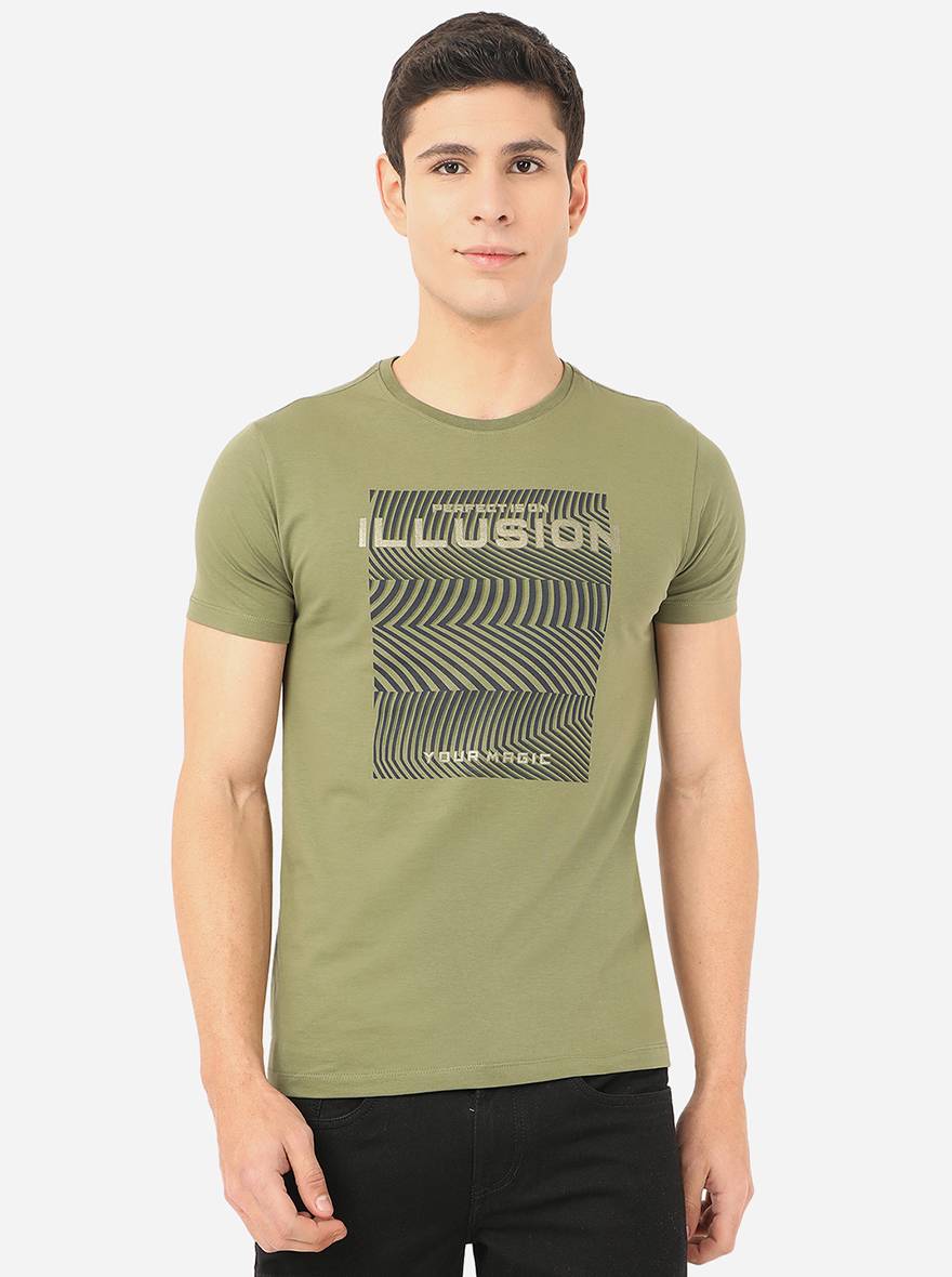 Olive Green Printed Slim Fit T-Shirt | pehervi