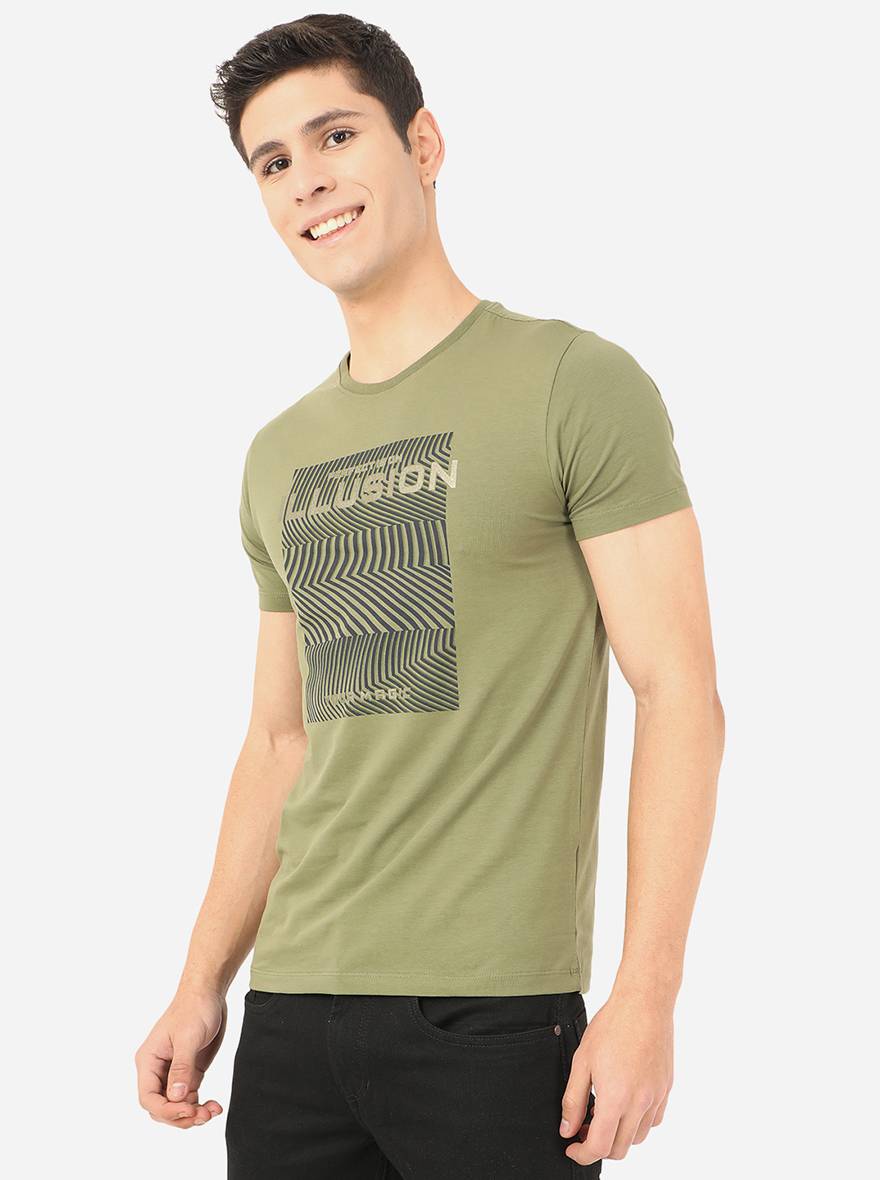 Olive Green Printed Slim Fit T-Shirt | pehervi