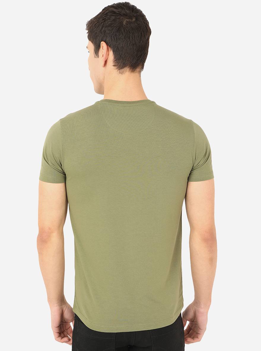 Olive Green Printed Slim Fit T-Shirt | pehervi