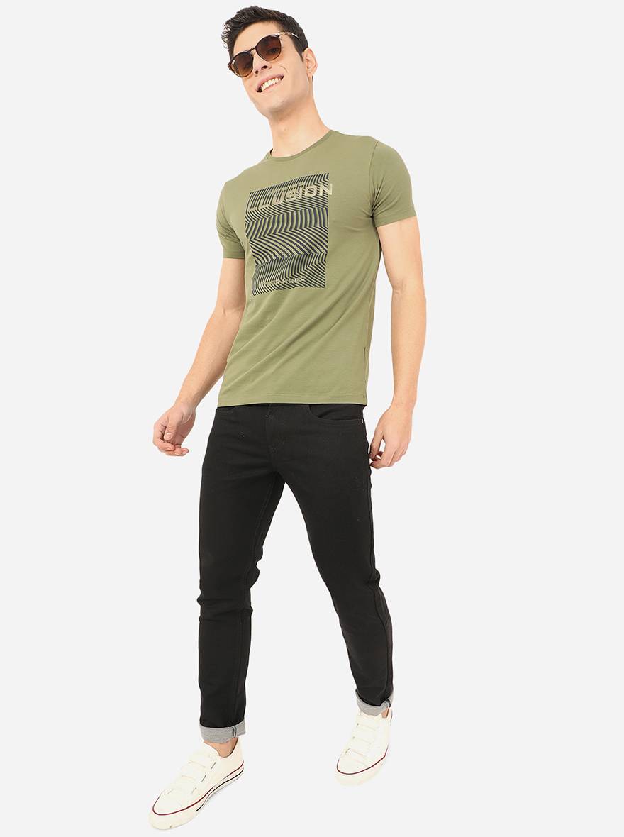 Olive Green Printed Slim Fit T-Shirt | pehervi