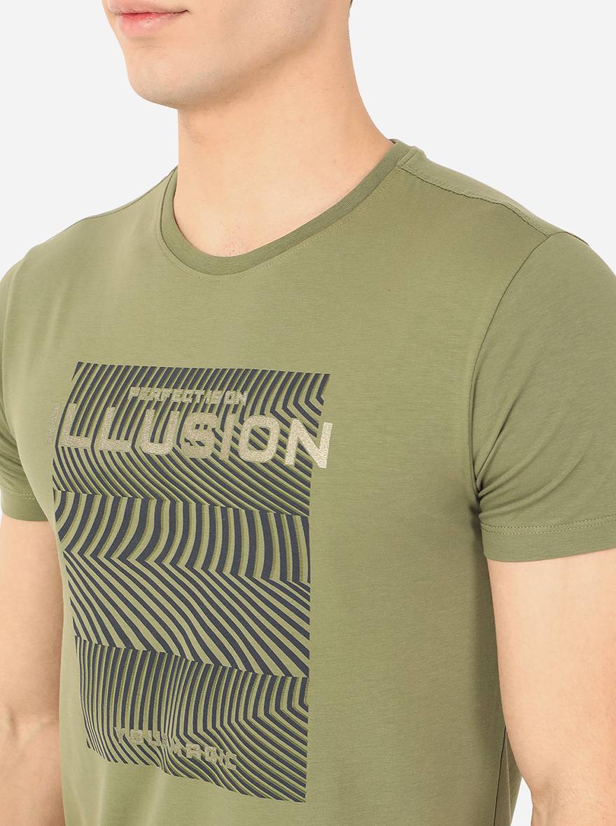 Olive Green Printed Slim Fit T-Shirt | pehervi