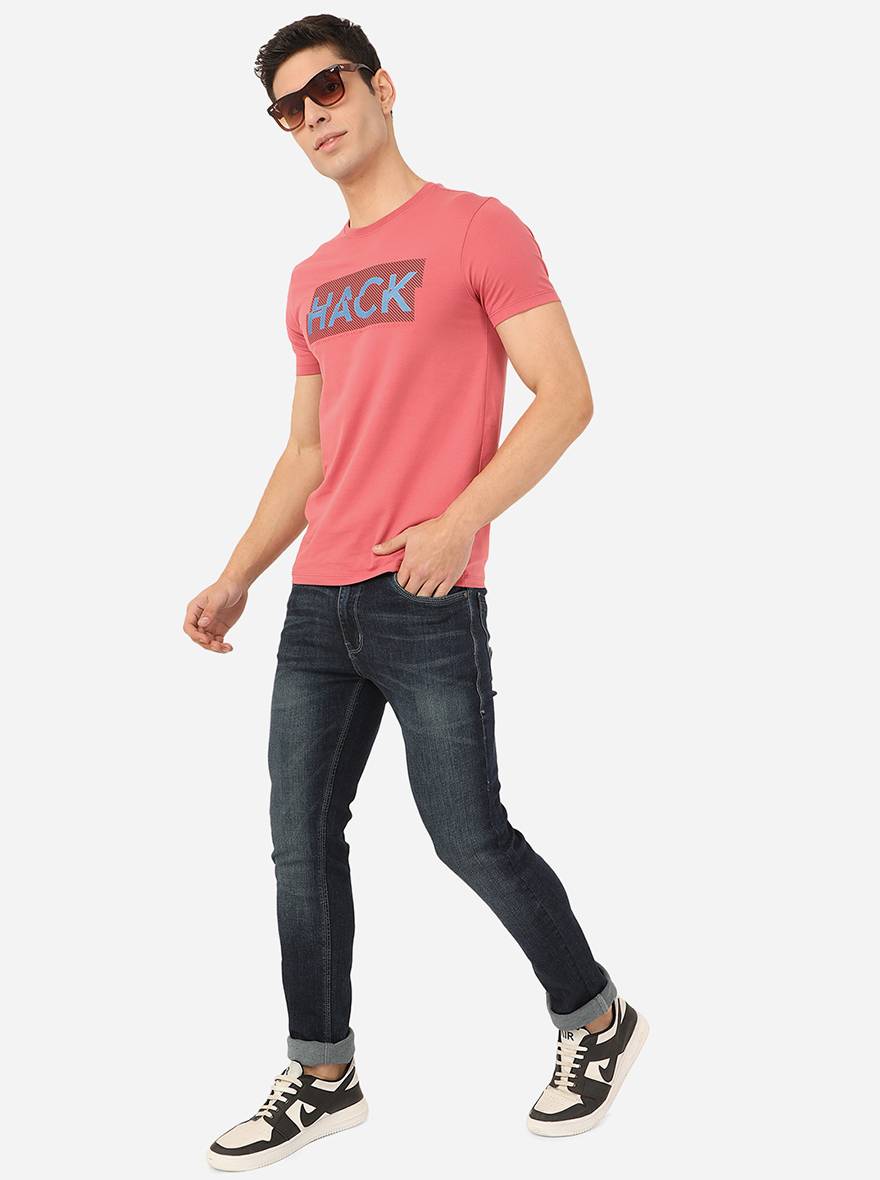 Rose Red Printed Slim Fit T-Shirt | pehervi