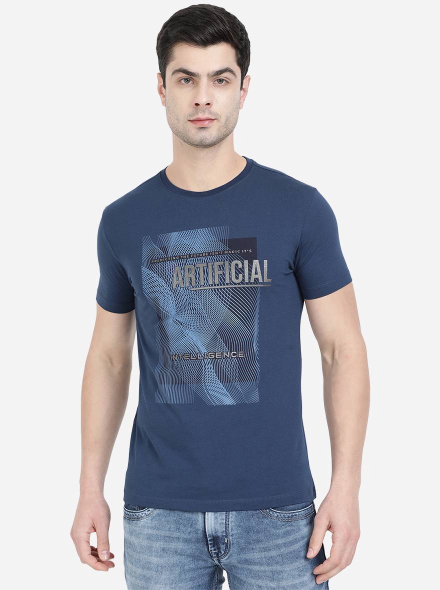 True Blue Printed Slim Fit T-Shirt | pehervi