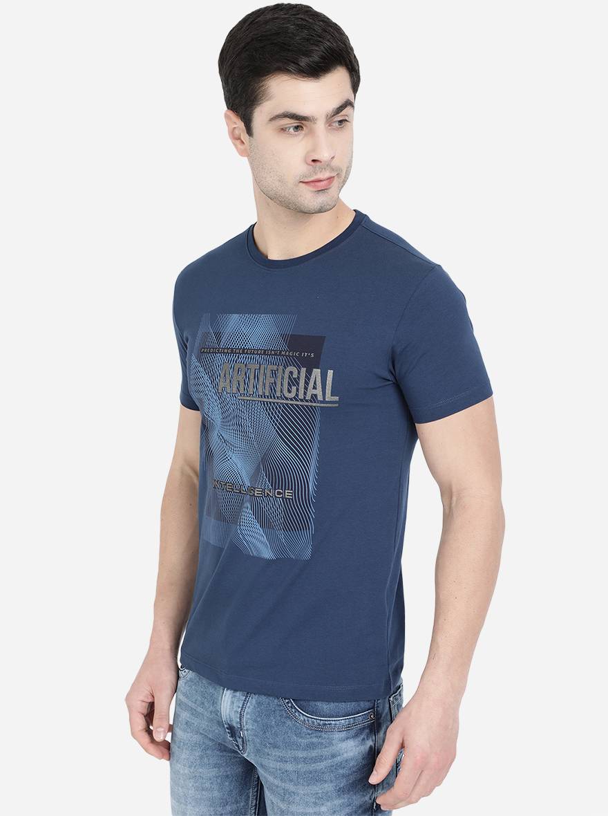 True Blue Printed Slim Fit T-Shirt | pehervi