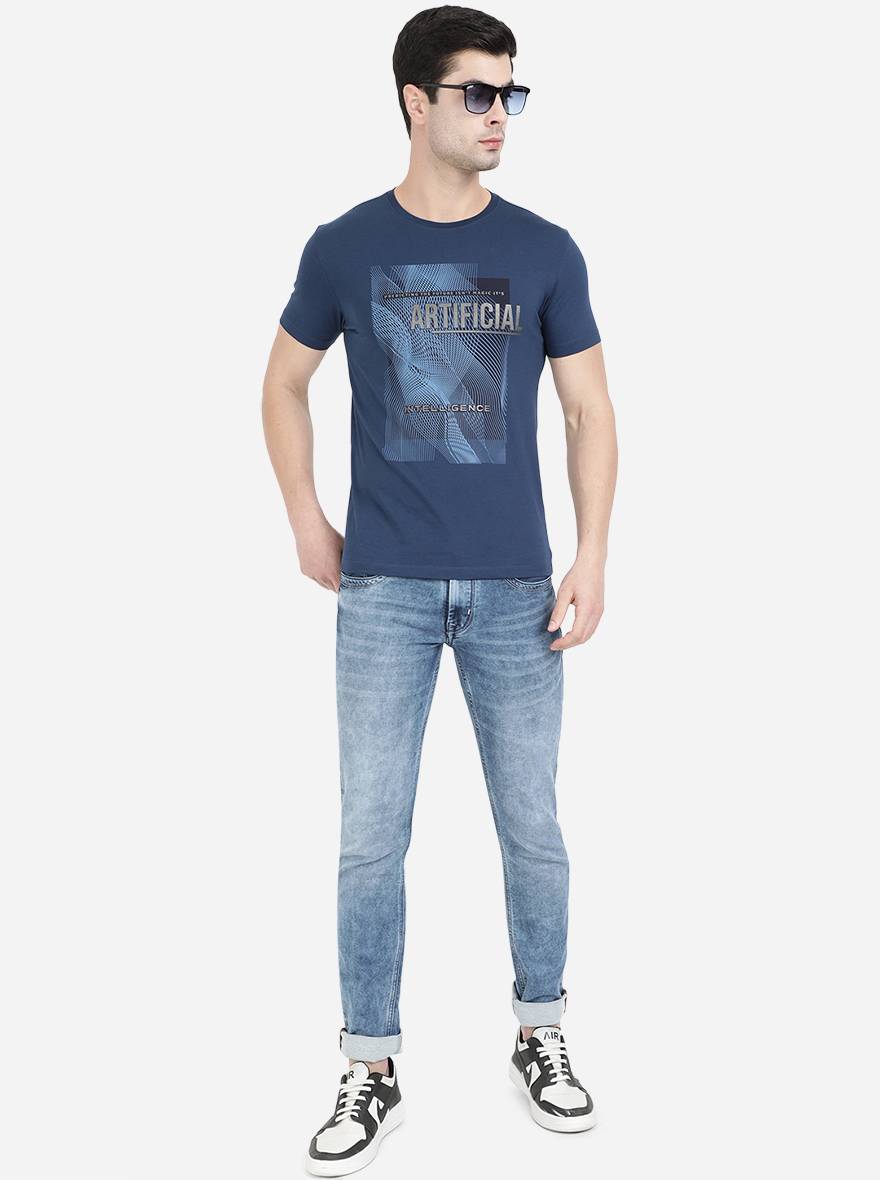 True Blue Printed Slim Fit T-Shirt | pehervi