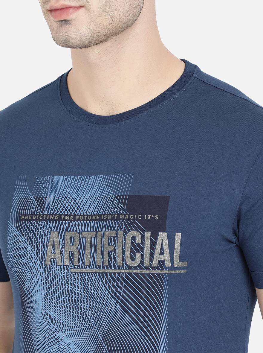 True Blue Printed Slim Fit T-Shirt | pehervi