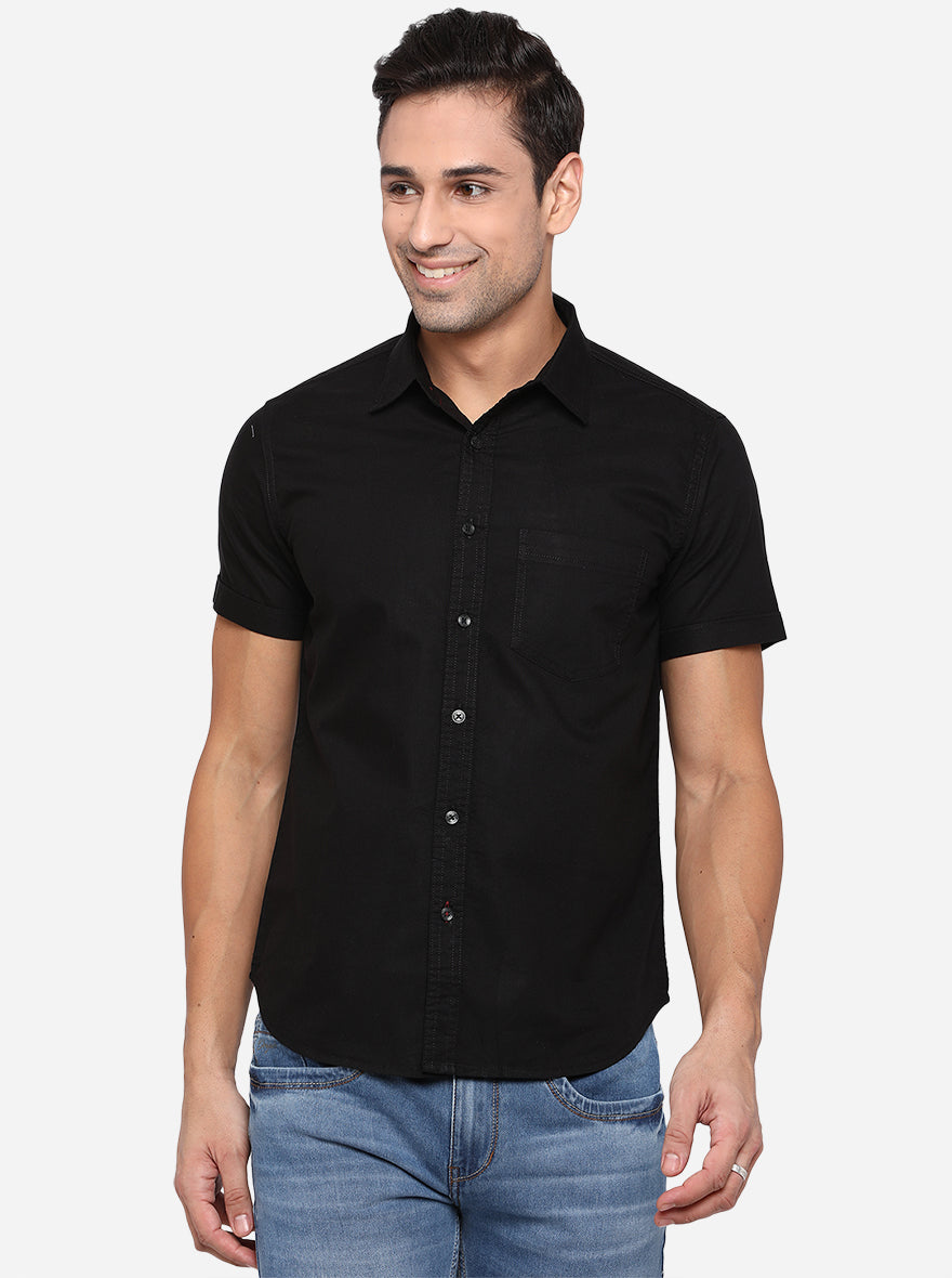 Jet Black Solid Slim Fit Semi Casual Shirt | Pehervi