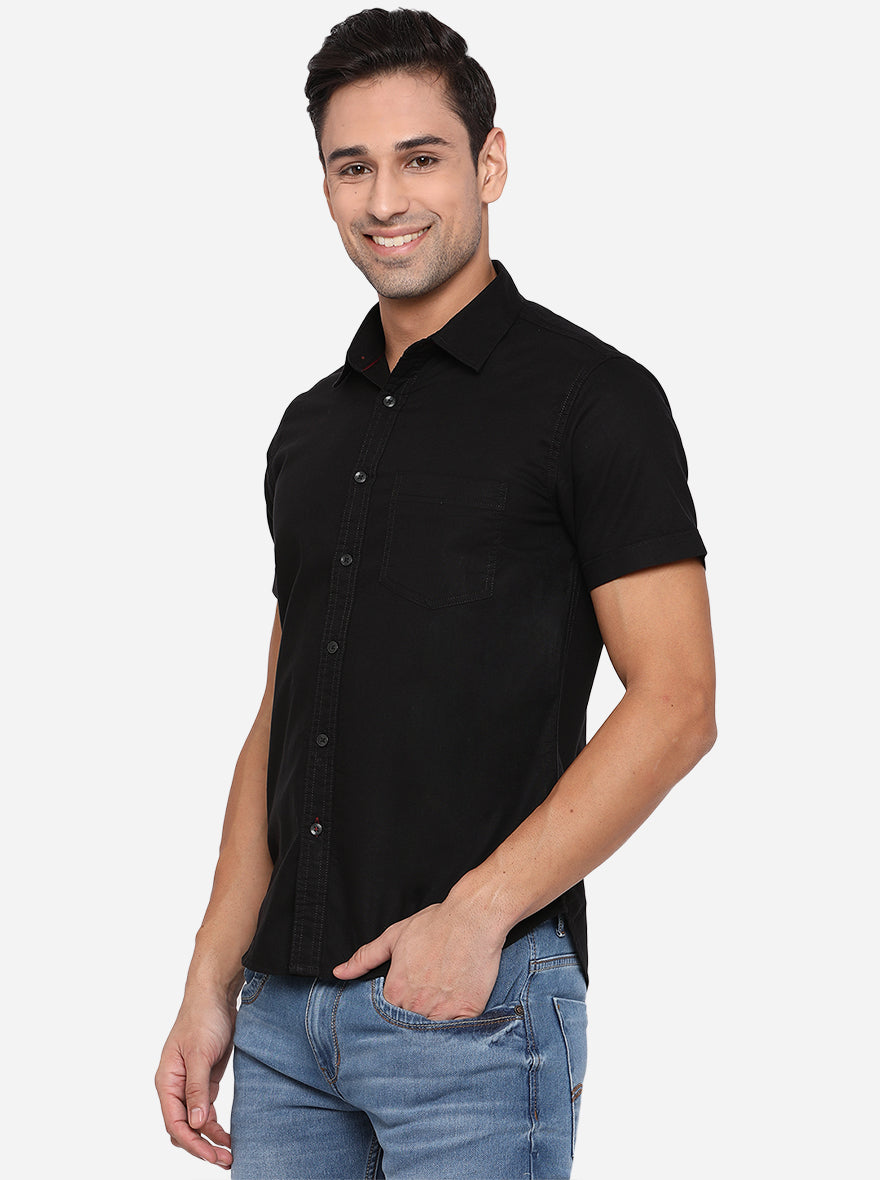 Jet Black Solid Slim Fit Semi Casual Shirt | Pehervi