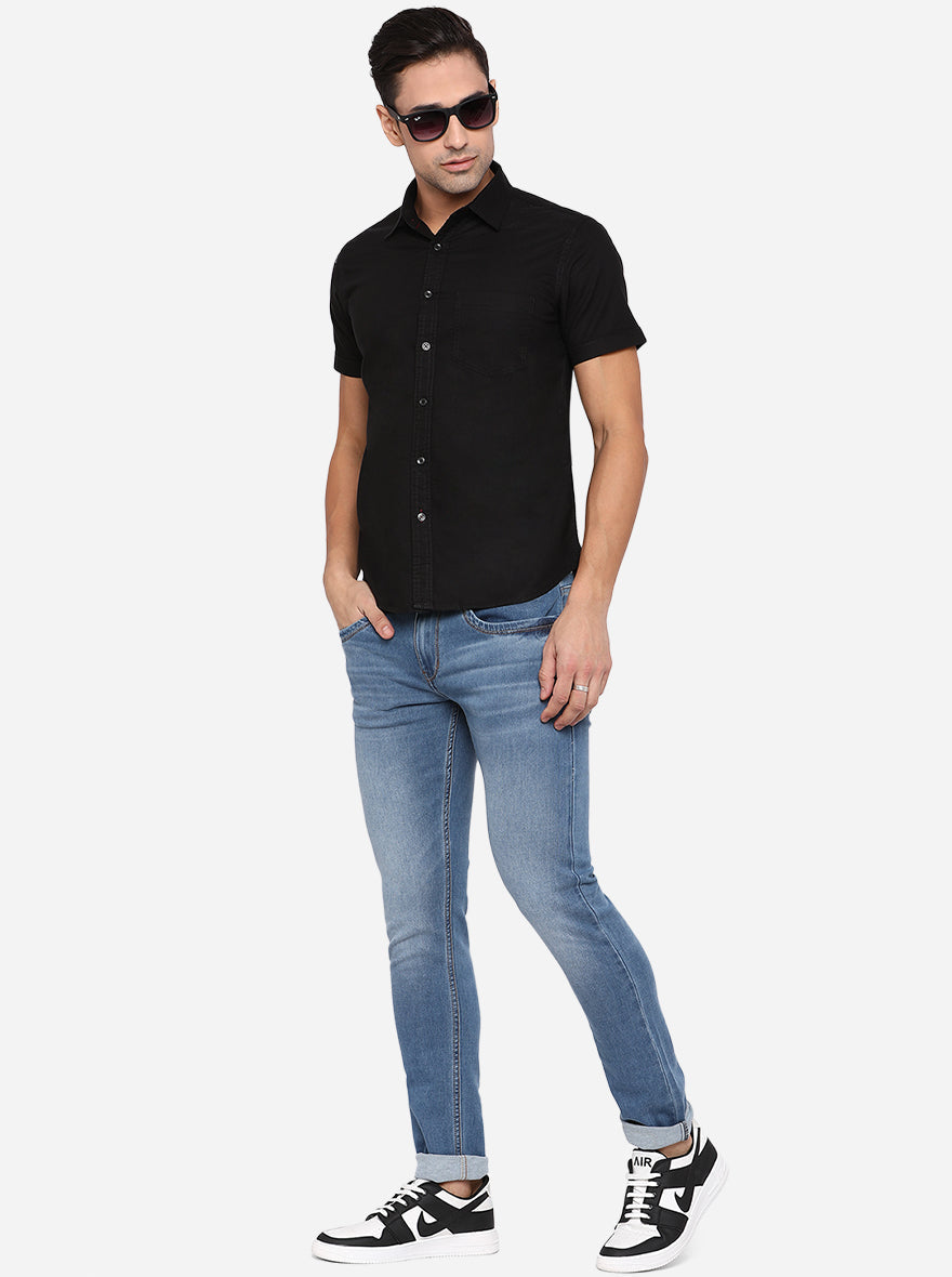 Jet Black Solid Slim Fit Semi Casual Shirt | Pehervi