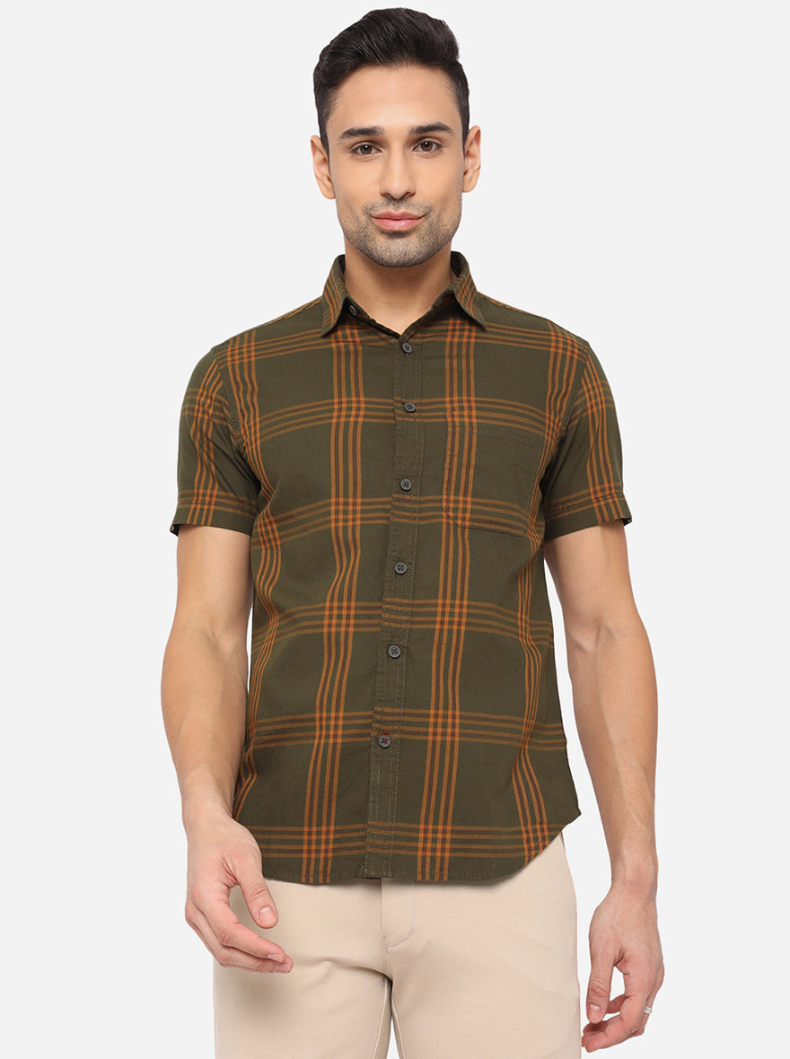 Mahendi Green Checked Slim Fit Semi Casual Shirt | Pehervi