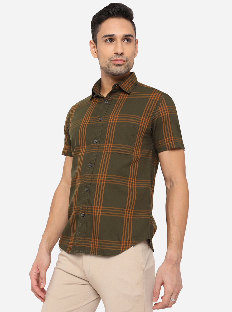 Mahendi Green Checked Slim Fit Semi Casual Shirt | Pehervi