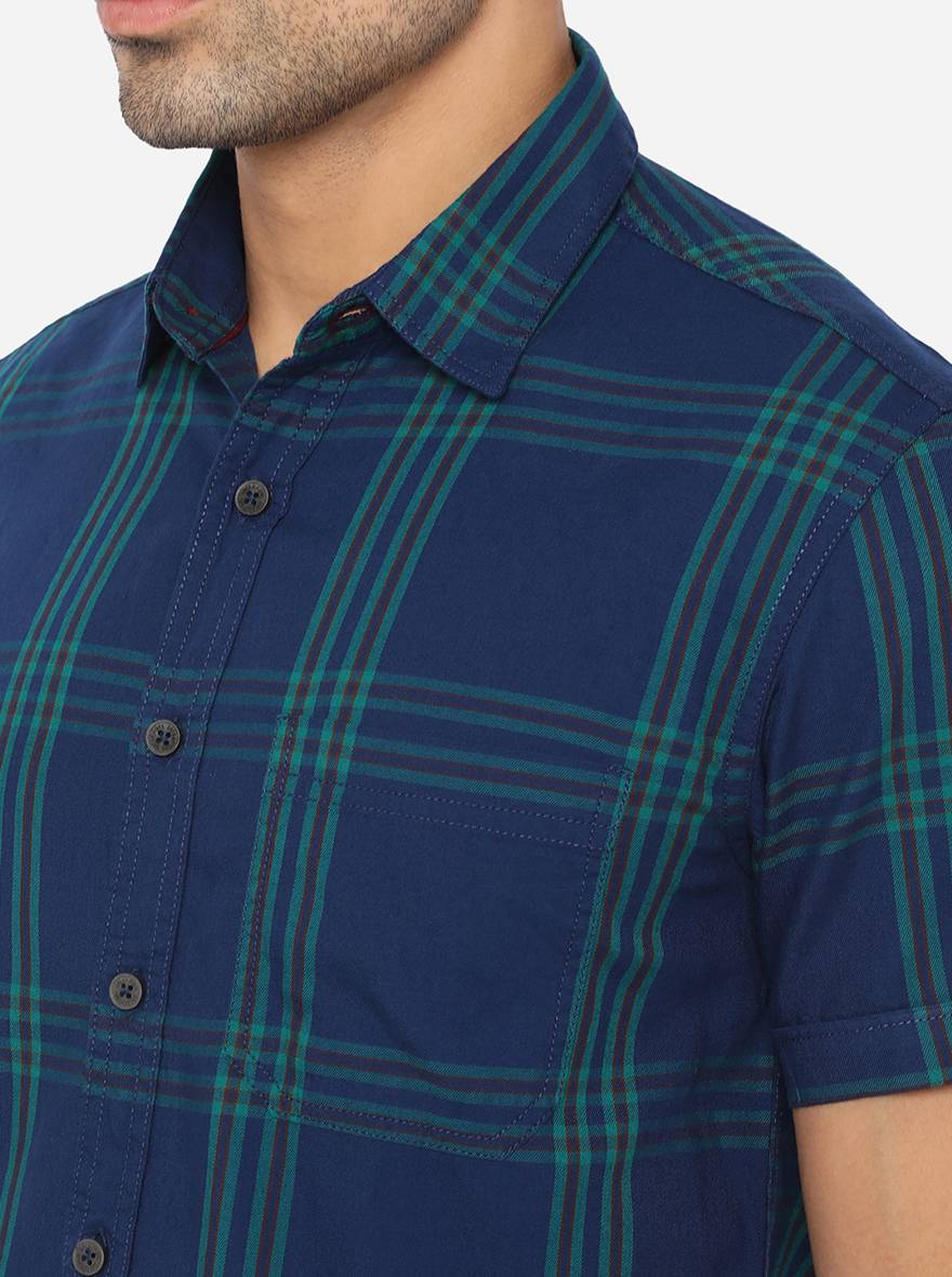 Colonial Blue Checked Slim Fit Semi Casual Shirt | Pehervi