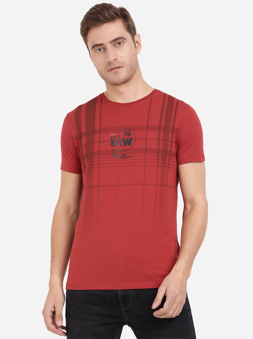 Ochre Red Printed Slim Fit T-Shirt | pehervi
