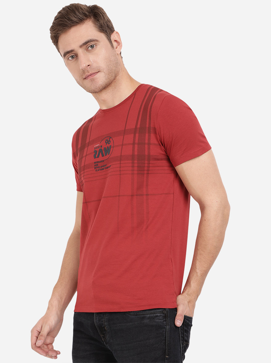 Ochre Red Printed Slim Fit T-Shirt | pehervi