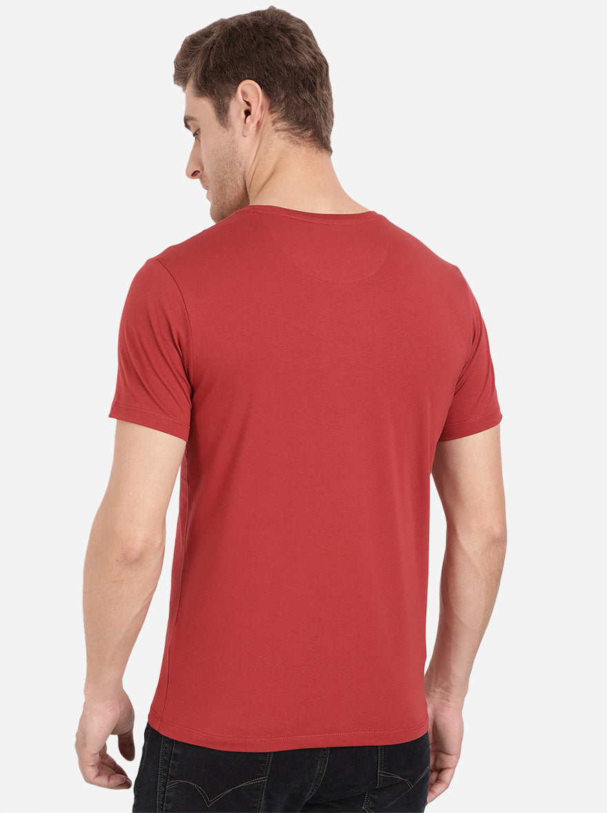 Ochre Red Printed Slim Fit T-Shirt | pehervi