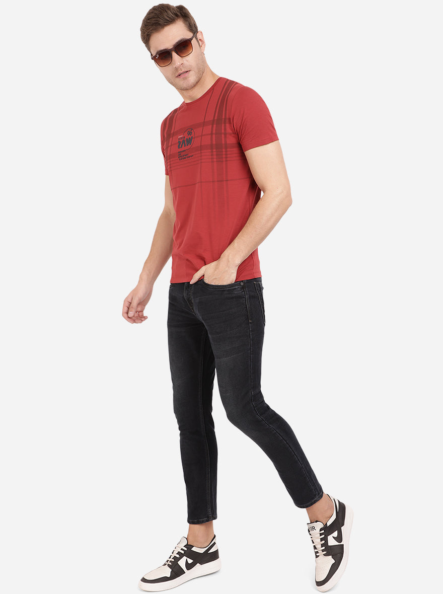 Ochre Red Printed Slim Fit T-Shirt | pehervi