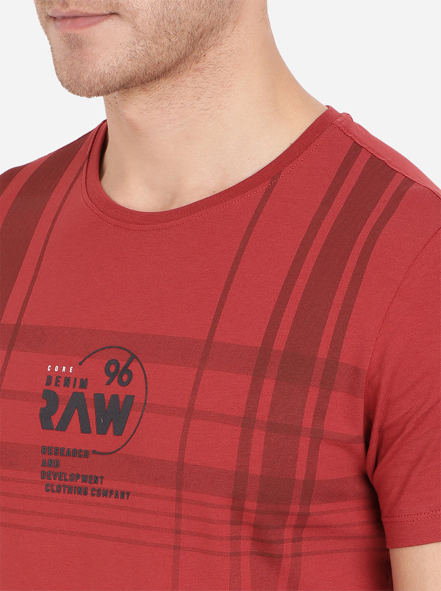 Ochre Red Printed Slim Fit T-Shirt | pehervi