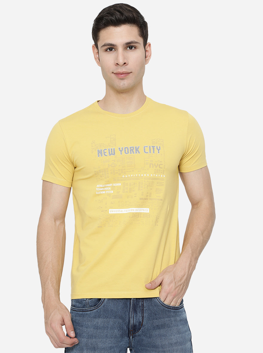 Yellow Printed Slim Fit T-Shirt | pehervi