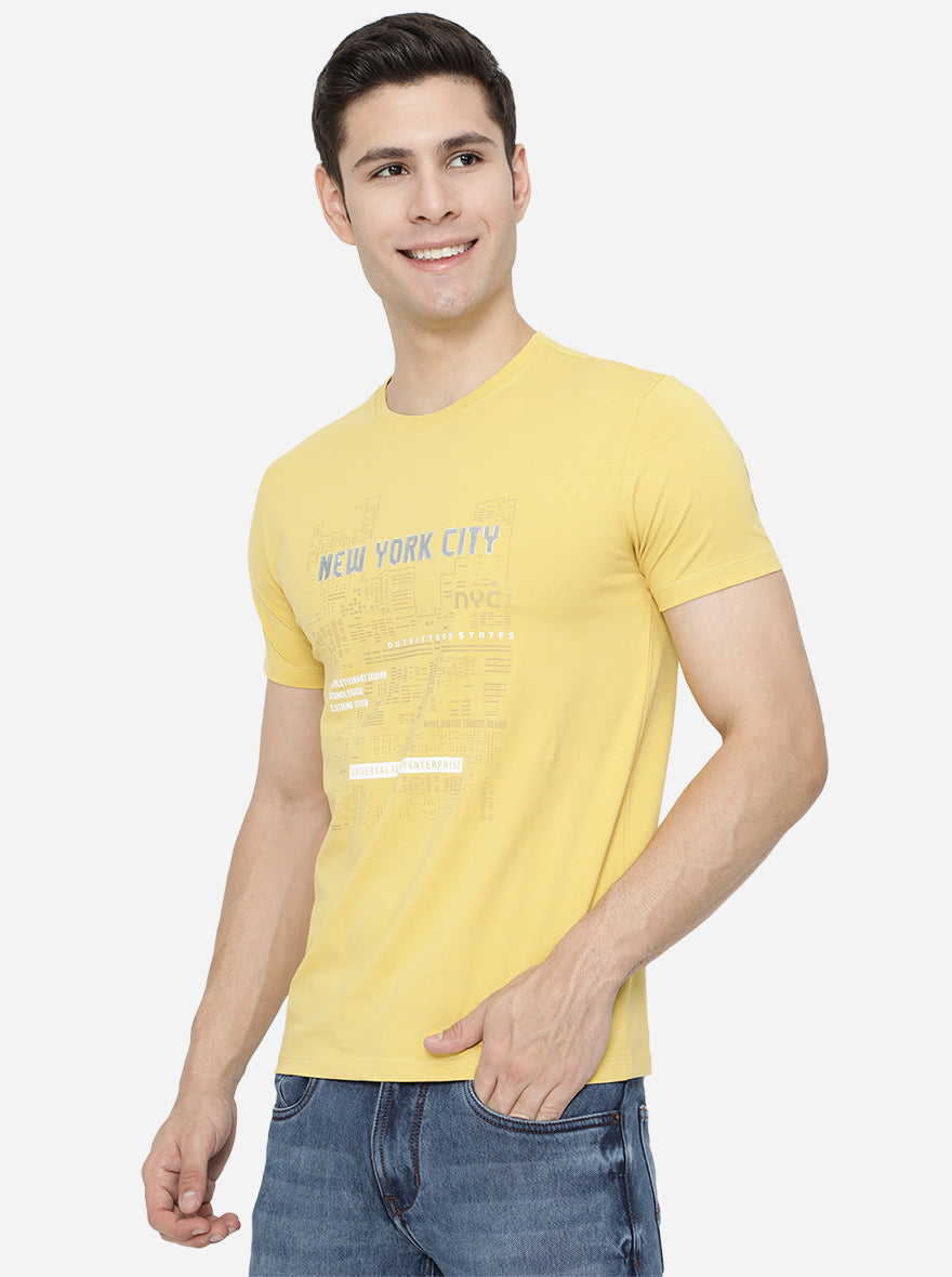 Yellow Printed Slim Fit T-Shirt | pehervi
