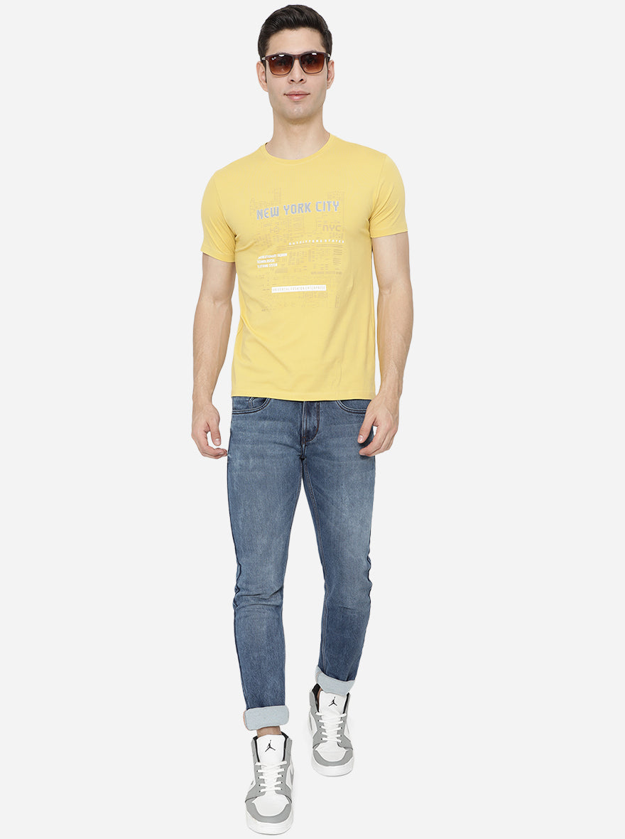 Yellow Printed Slim Fit T-Shirt | pehervi