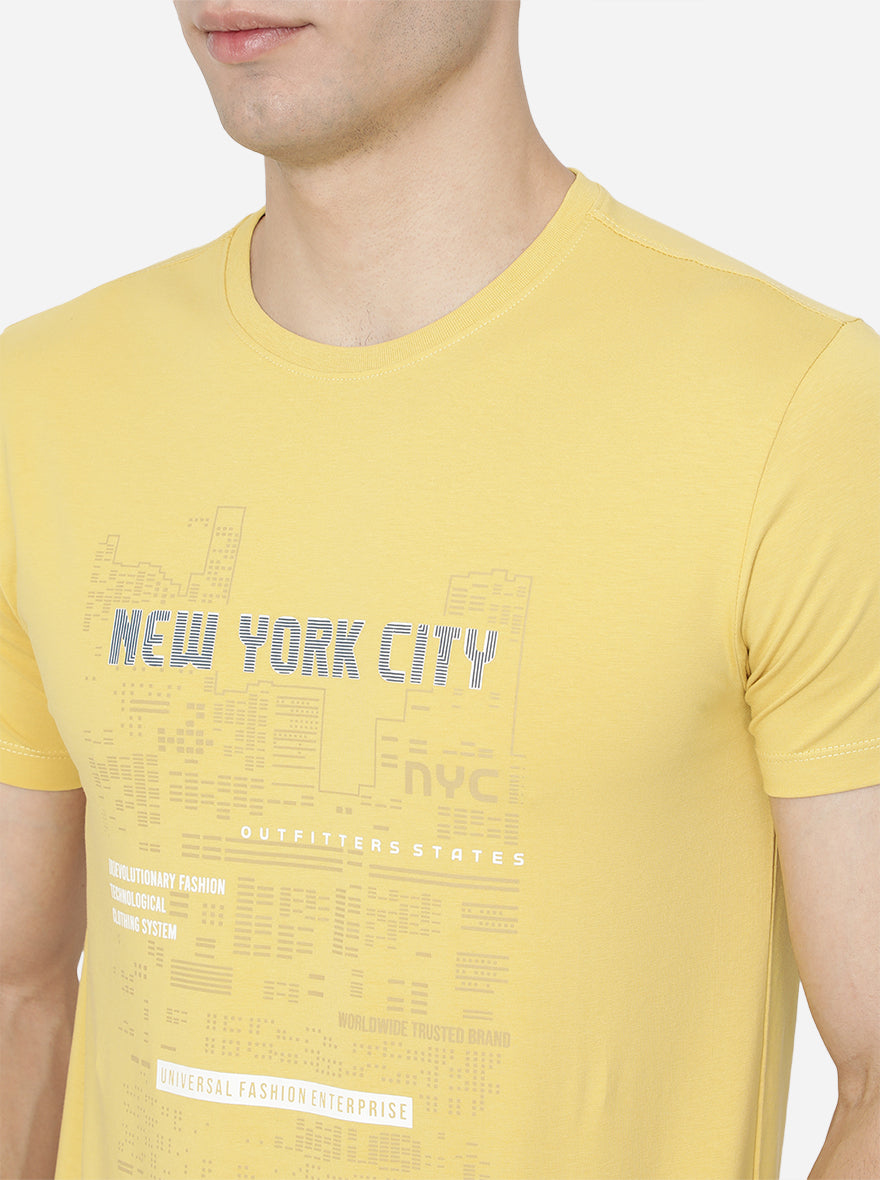Yellow Printed Slim Fit T-Shirt | pehervi