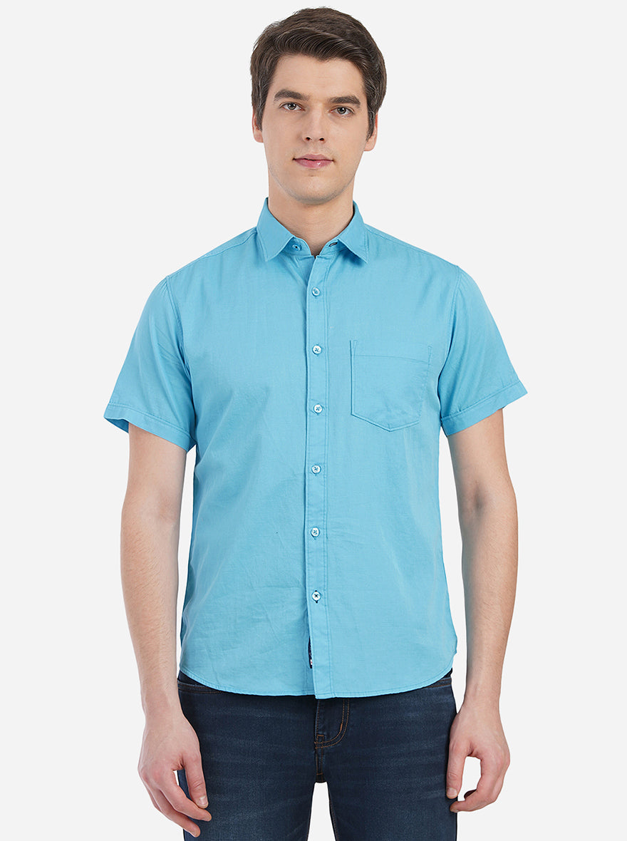 Blue Solid Slim Fit Semi Casual Shirt | Pehervi