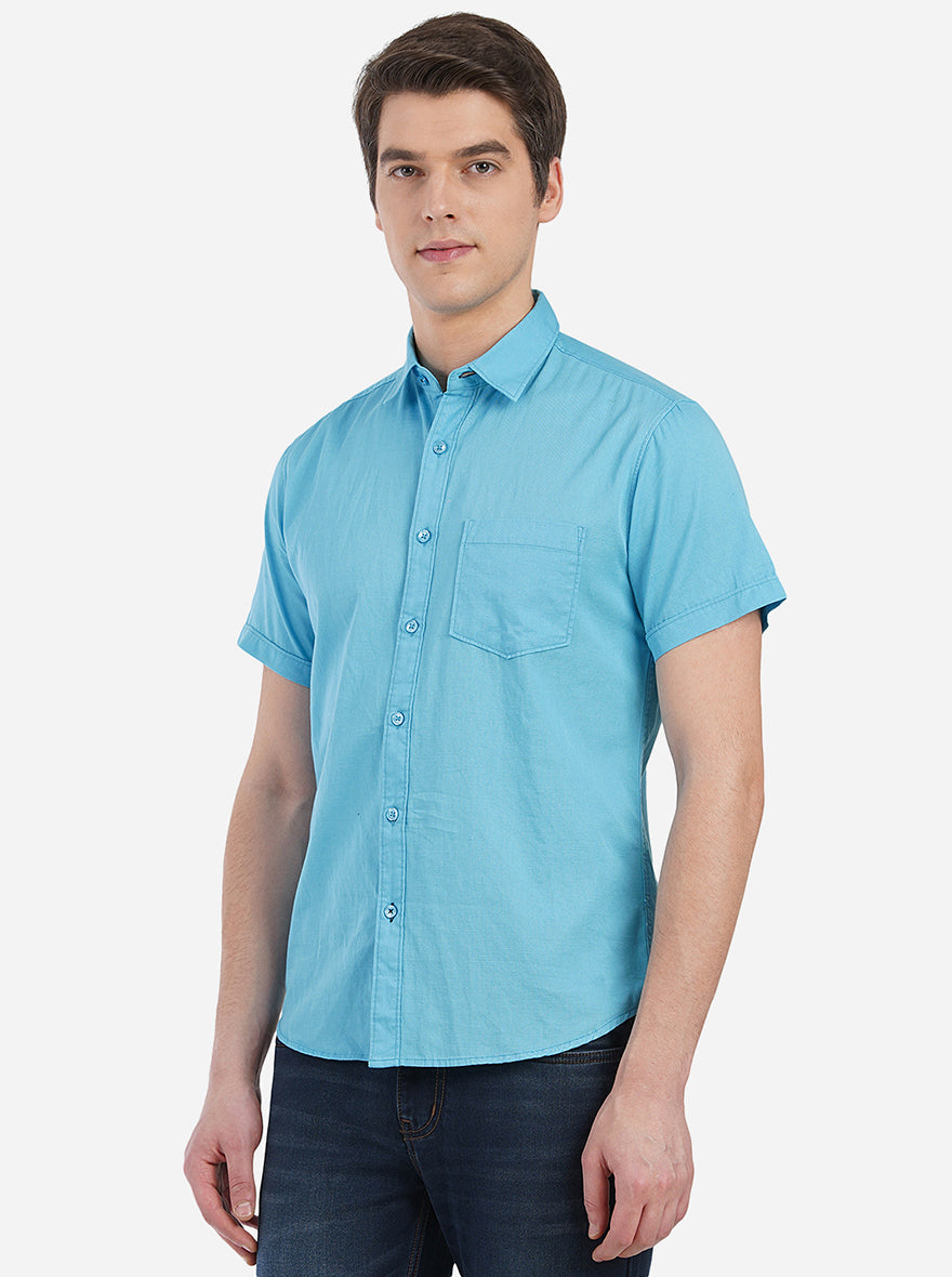 Blue Solid Slim Fit Semi Casual Shirt | Pehervi