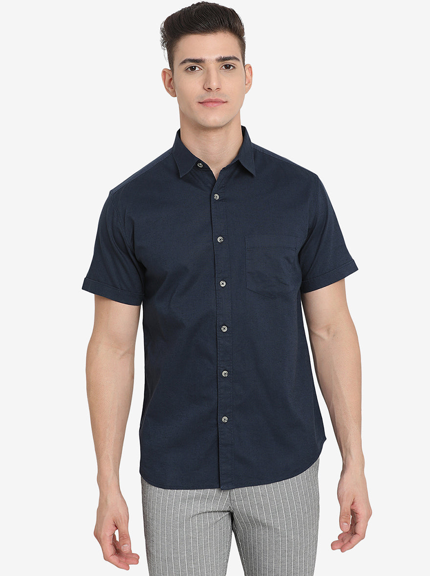 Midnight Navy Solid Slim Fit Semi Casual Shirt | Pehervi
