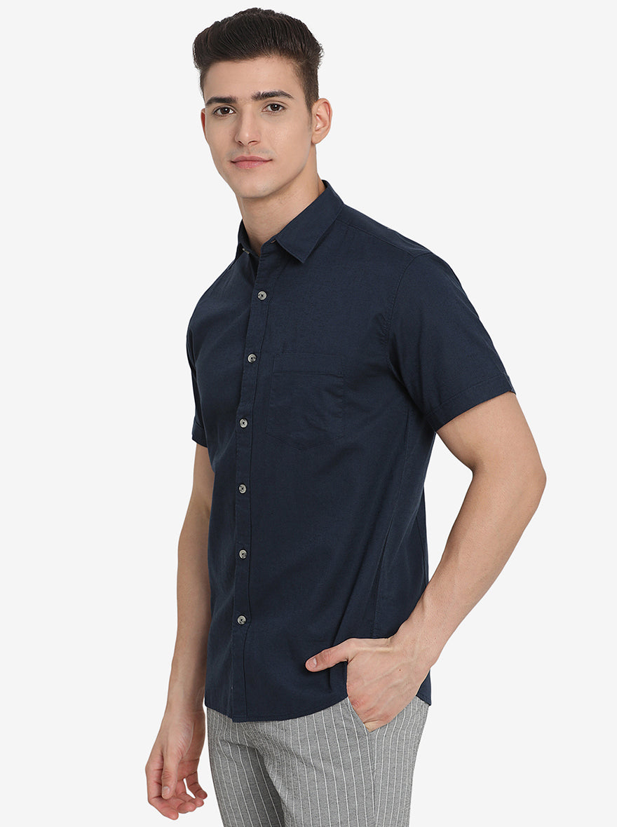 Midnight Navy Solid Slim Fit Semi Casual Shirt | Pehervi