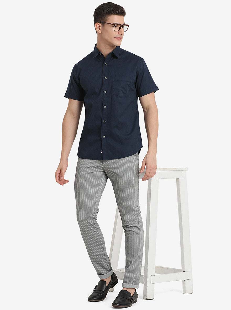Midnight Navy Solid Slim Fit Semi Casual Shirt | Pehervi
