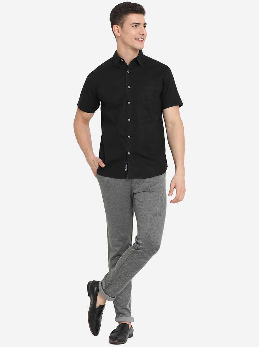 Jet Black Solid Slim Fit Semi Casual Shirt | Pehervi