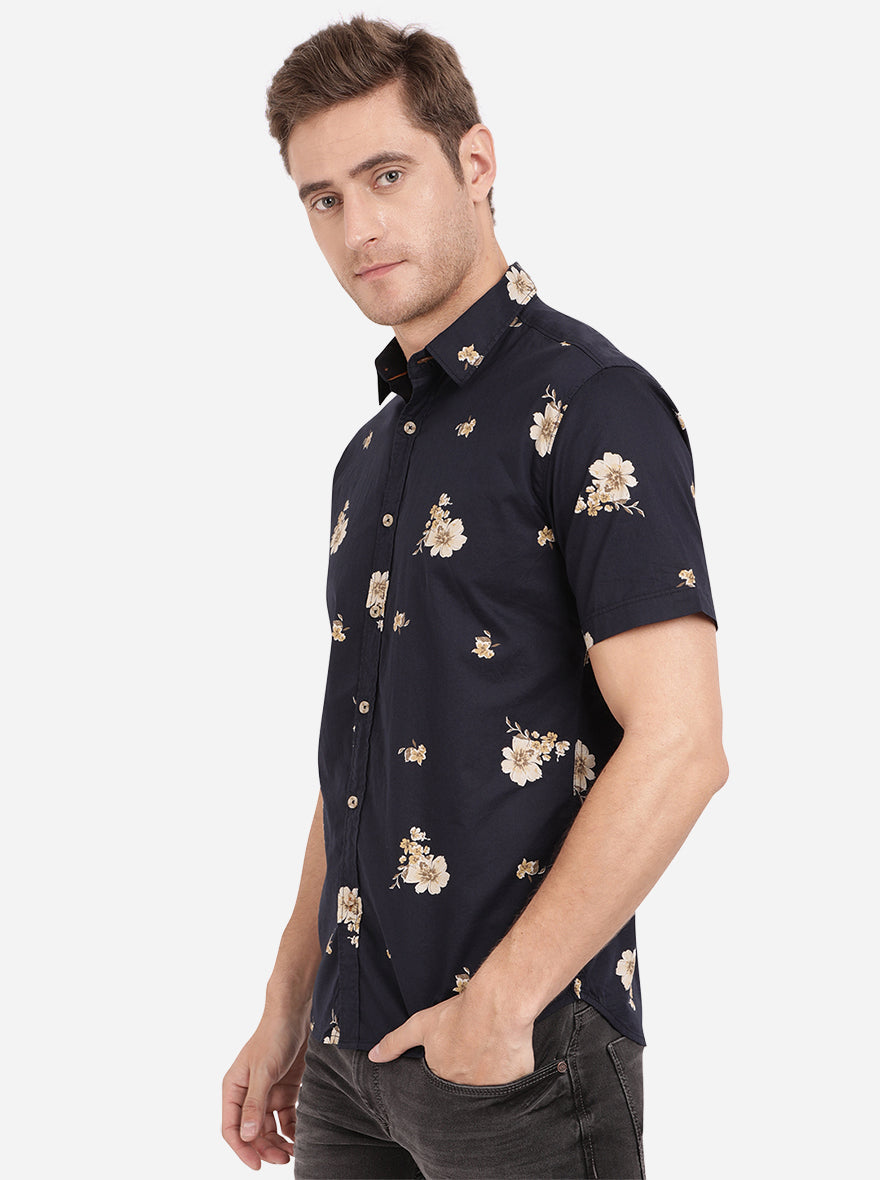 Night Blue Printed Slim Fit Semi Casual Shirt | Pehervi
